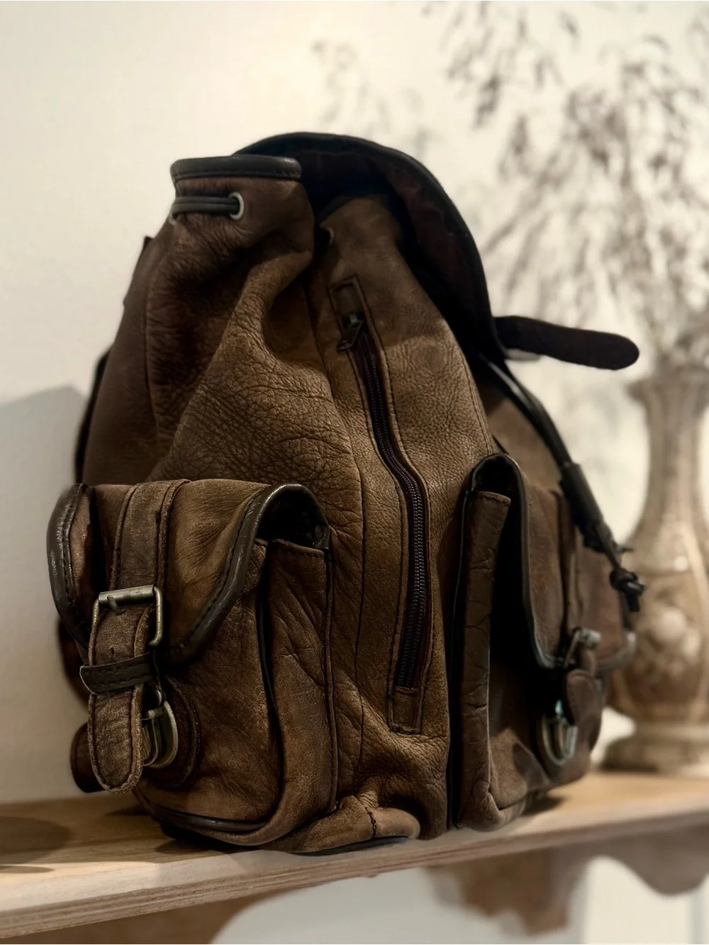Men's Brown Leather Backpack with Front and Side Pockets